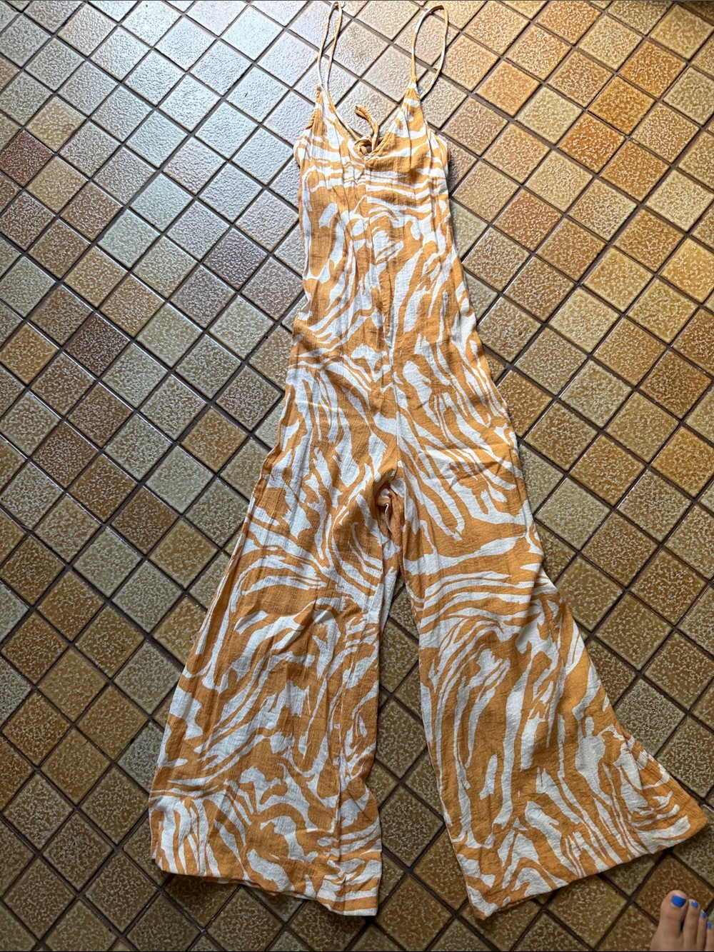H&M White & Tan Zebra-Print Wide-Leg Strappy Jumpsuit